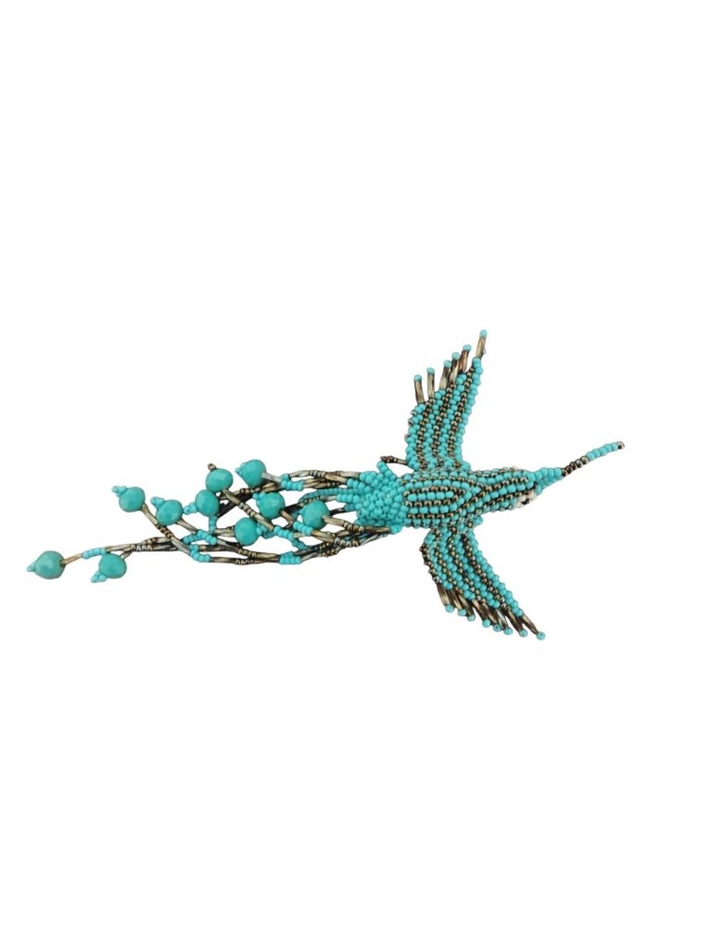 Handmade Beaded Hummingbird Decoration, Silver Tone Turquoise Blue Bird, 7"